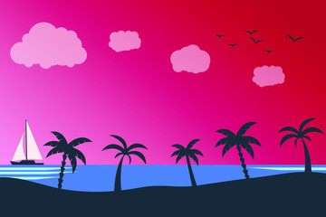 Summer holiday beach background. Tropical paradise, palm trees silhouette