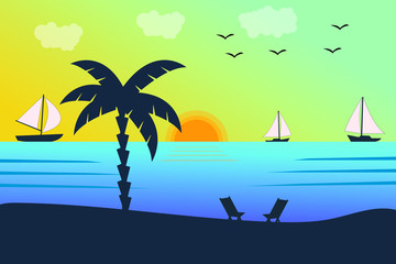 Fototapeta na wymiar Summer holiday beach background. Tropical paradise, palm trees silhouette