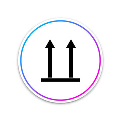 This side up icon isolated on white background. Two arrows indicating top side of packaging. Cargo handled so these arrows always point up. Circle white button. Vector Illustration