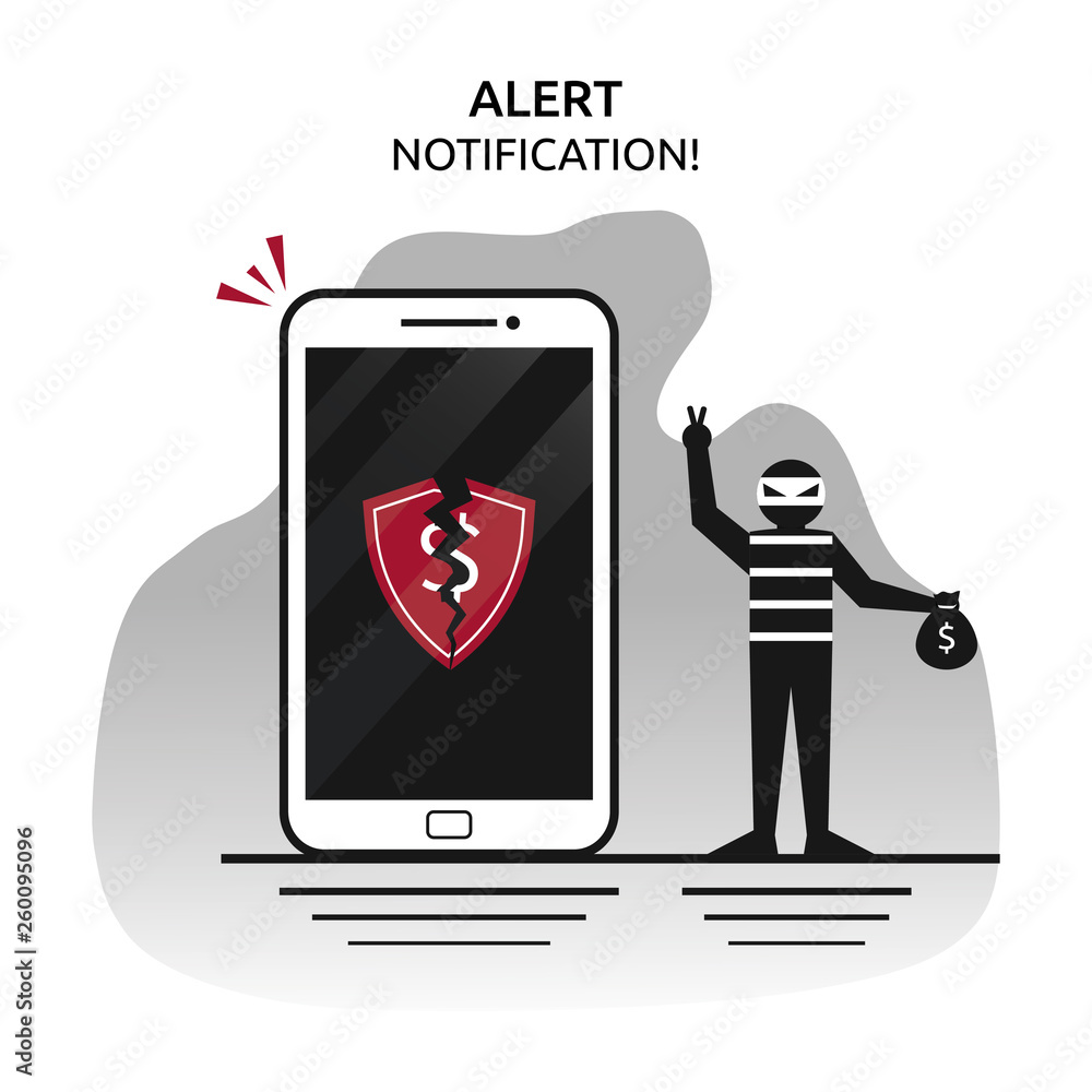 Poster concept of alert notification contains of losing money. a hacker opens software protection then take