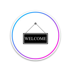 Hanging sign with text Welcome icon isolated on white background. Business theme for cafe or restaurant. Circle white button. Vector Illustration