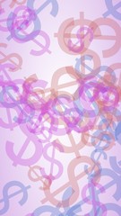 Multicolored translucent dollar signs on white background. Red tones. 3D illustration