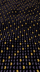 Fototapeta premium Bitcoin and currency on a dark background. Digital Cryptocurrency symbol. Wave effect, currency market fluctuations. Business concept. 3D illustration