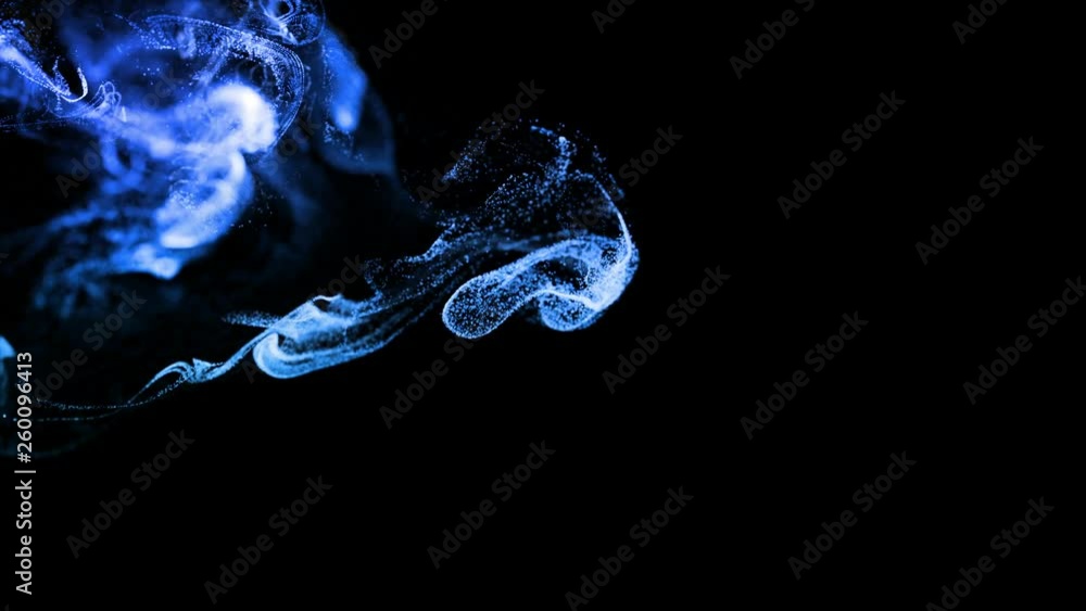 Poster 4k glow particles move in a stream of liquid in front of the camera in slow motion. 3d ink effect fo