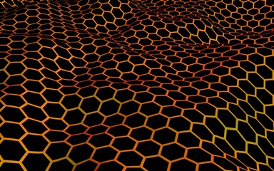 Honeycomb wave effect on a red yellow background. Perspective view on polygon look like honeycomb. Isometric geometry. 3D illustration