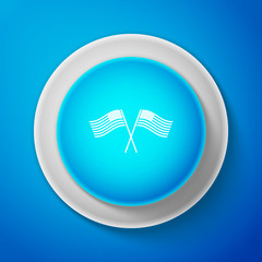 Two crossed American waving flags icon isolated on blue background. National flag of USA. The United States of America flag. Independence day symbol. Circle blue button. Vector Illustration