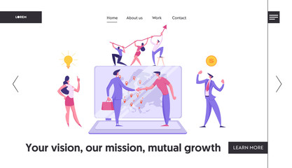 Global Business Concept Landing Page Template. Cooperation with Business People Characters Handshaking World Map on Laptop. Businessman and Businesswoman Partnership Banner. Vector illustration