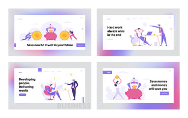 Obraz na płótnie Canvas Money Saving Concept with Business People Characters Landing Page Set. Financial Savings Profit, Investment and Business Meeting Website Banner, Web Page. Vector Flat illustration