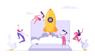 Successful Start Up Concept with Business People Characters Launches Rocket from Laptop. Space Ship Metaphor Business Startup, Teamwork E-commerce Banner. Vector Flat illustration