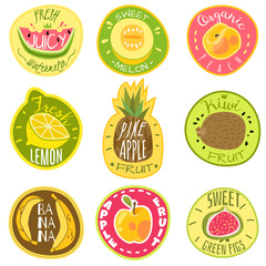 Fruit labels. Juice fresh organic fruit natural vegan food farm emblem logo print sticker text cartoon vector templates isolated