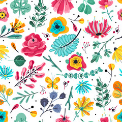 Floral seamless pattern. Spring summer garden colorful flowers botanical floral flower vintage texture wallpaper, flat vector print