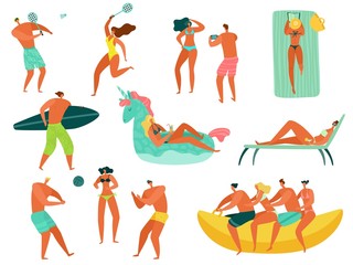 Beach people. Summer vacation sea ocean family relax playing sports people swimming sunbathing walking fun characters vector isolated
