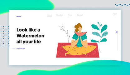 Happy Woman Eat Watermelon on Picnic Landing Page. Female Character Relaxing on Nature Landscape. Healthy Eating Outdoor Relax for Banner, Website, Web Page. Vector Flat illustration