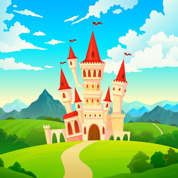 Castle landscape. Palace fairytale kingdom magical towers medieval mansion castles hill forest green mountain cartoon vector creative