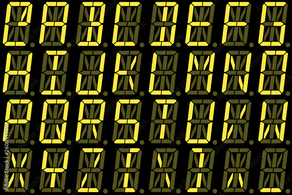 Fototapete digital font from capital letters on yellow alphanumeric led display