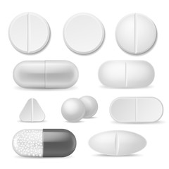 Realistic pills. White medicine tablets. Antibiotic aspirin painkiller drugs, therapy pharmacy healthcare addiction vector icon set