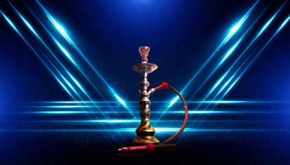 Hookah smoking on a dark abstract background. Background of empty scenes with neon lights and...