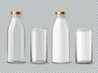 Milk bottle and glass. Empty and full milk realistic bottles glasses dairy beverage product isolated vector mockup