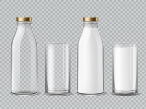 Milk bottle and glass. Empty and full milk realistic bottles glasses dairy beverage product isolated vector mockup