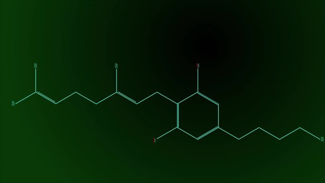 Animation light blue line draws the structural formula of the cannabigerol molecule. Black and green gradient background