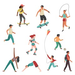 Fototapeta na wymiar People exercise. Person city girl boy, man and young woman running physical activity isolated flat vector set