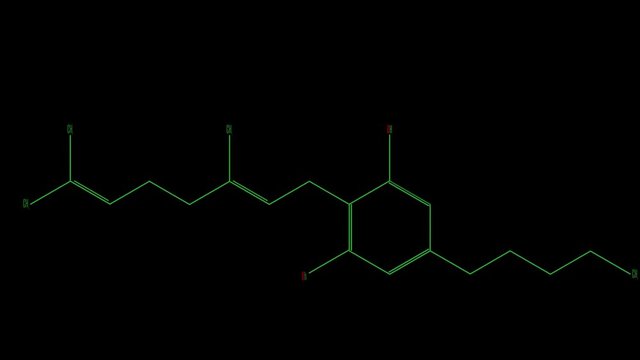 Animation green line draws the structural formula of the cannabigerol molecule. No background