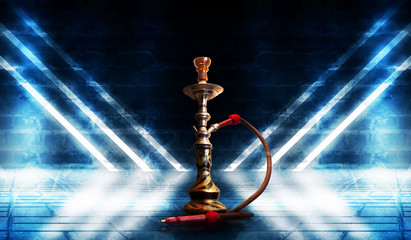 Hookah smoking on a dark abstract background. Background of empty scenes with neon lights and...