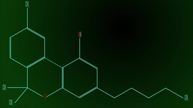 Animation light blue line draws the structural formula of the cannabinol molecule. Black and green gradient background