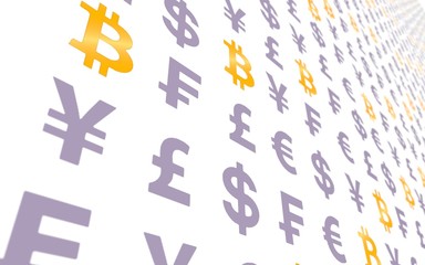 Bitcoin and currency on a white background. Digital Cryptocurrency symbol. Wave effect, currency market fluctuations. Business concept. 3D illustration