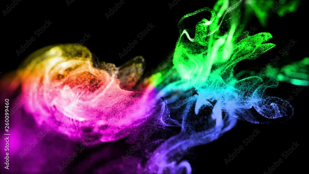 Poster 4k glow particles move in a stream of liquid in front of the camera in slow motion. 3d ink effect fo