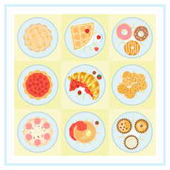 A vector set of food icons made in flat style, featuring nine different kinds of desserts.