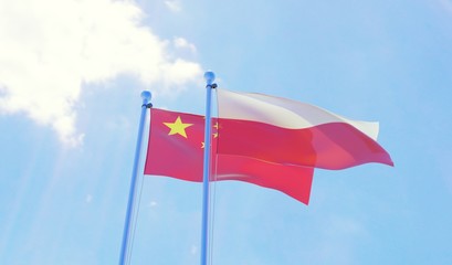 China and Poland, two flags waving against blue sky. 3d image