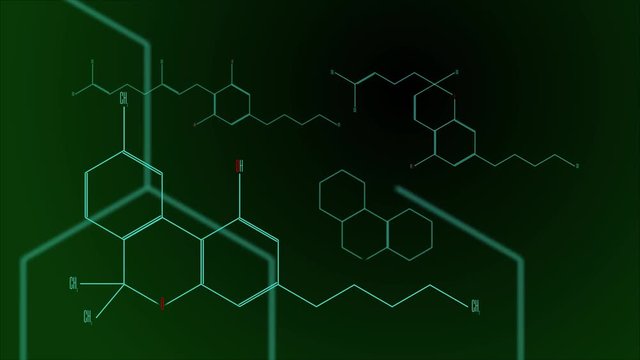 Digital animation - a group of cannabinoid molecules. The inscription 'cannabis detected' Black and green gradient background.