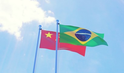 China and Brazil, two flags waving against blue sky. 3d image