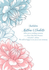 Cute wedding invitation with flowers of dahlias. Congratulations on your birthday, invitation card. Flower pattern. Element for printing, design, creativity, scrapbooking.