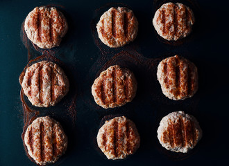 Many grilled beefsteak top view space for text