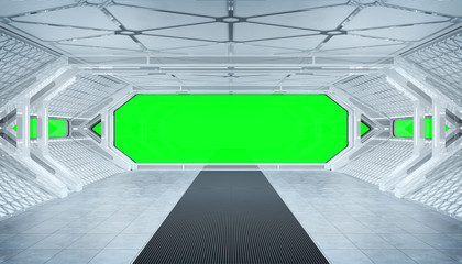 White blue spaceship futuristic interior mockup with window view 3d rendering © sdecoret