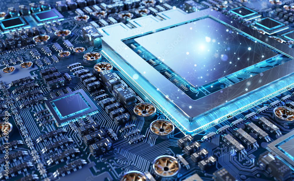 Poster close-up view of a modern gpu card with connections 3d rendering