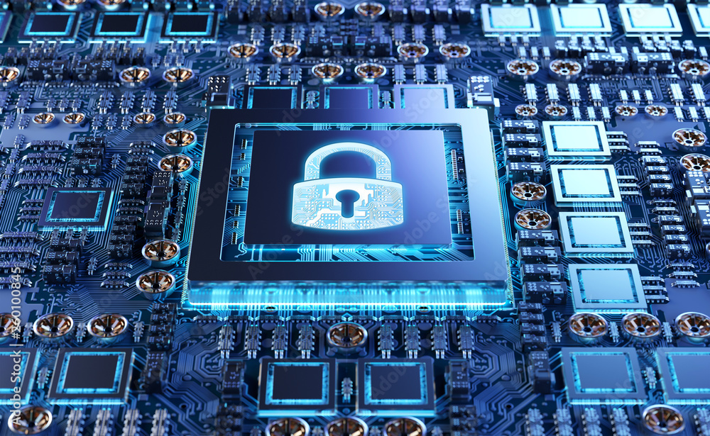 Fototapete close-up view of a modern gpu card with padlock protection 3d rendering