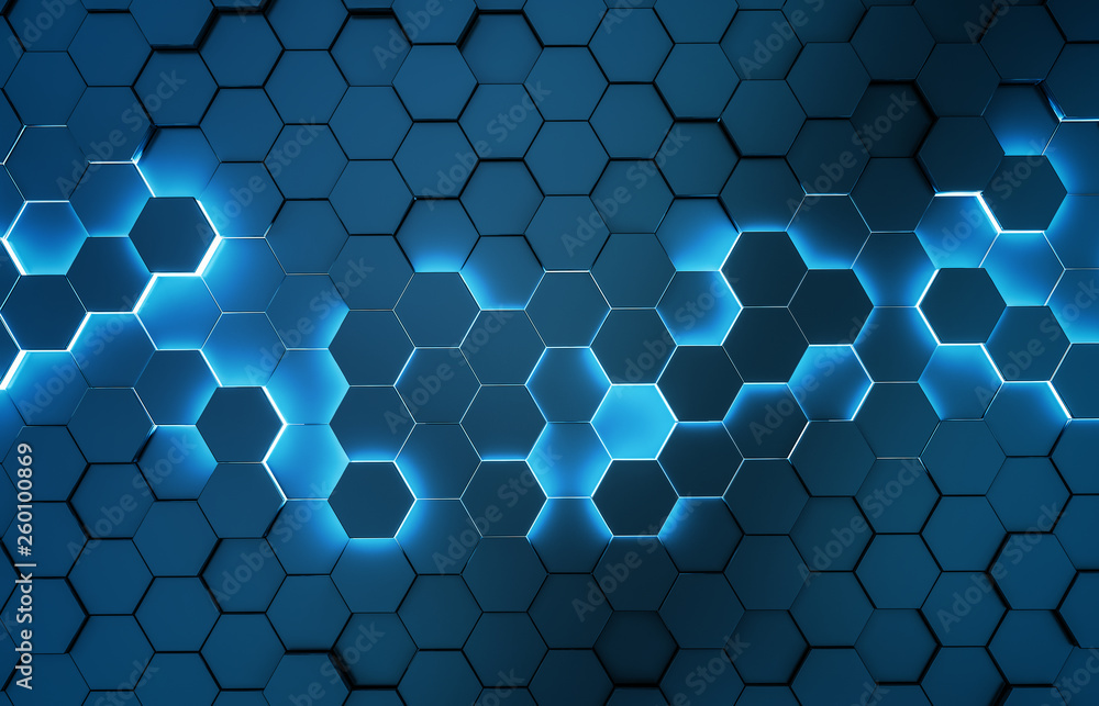 Aufkleber Black blue hexagons background pattern 3D rendering