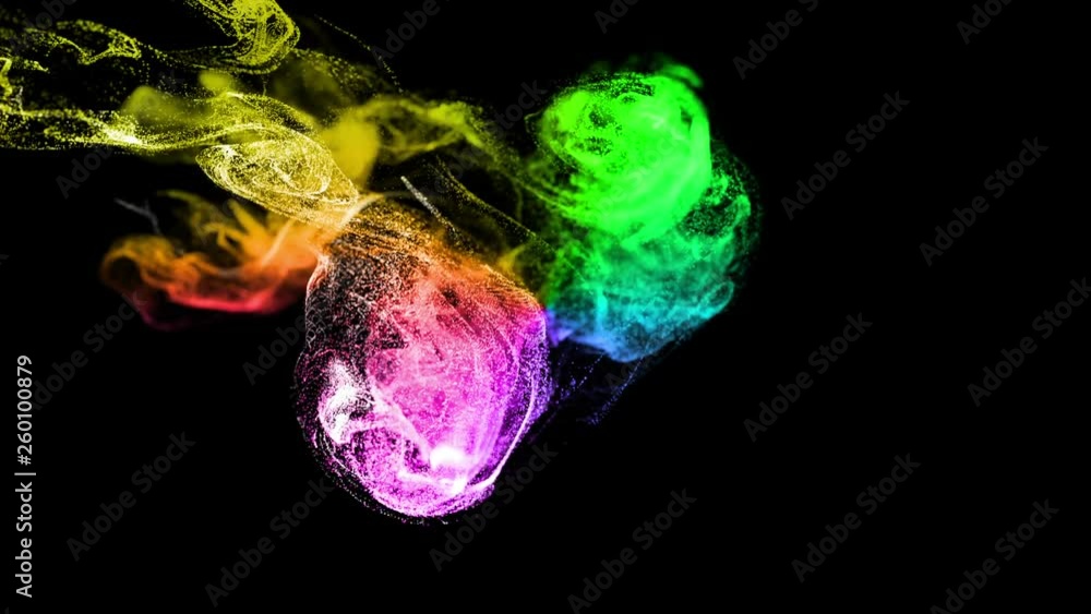Poster 4k glow particles move in a stream of liquid in front of the camera in slow motion. 3d ink effect fo