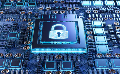 Close-up view of a modern GPU card with padlock protection 3D rendering