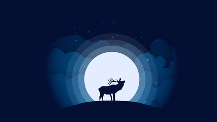 Illustration of Elk in front of Full Moon with Clouds and Stars