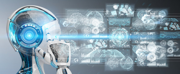 White woman cyborg using digital datas interface 3D rendering