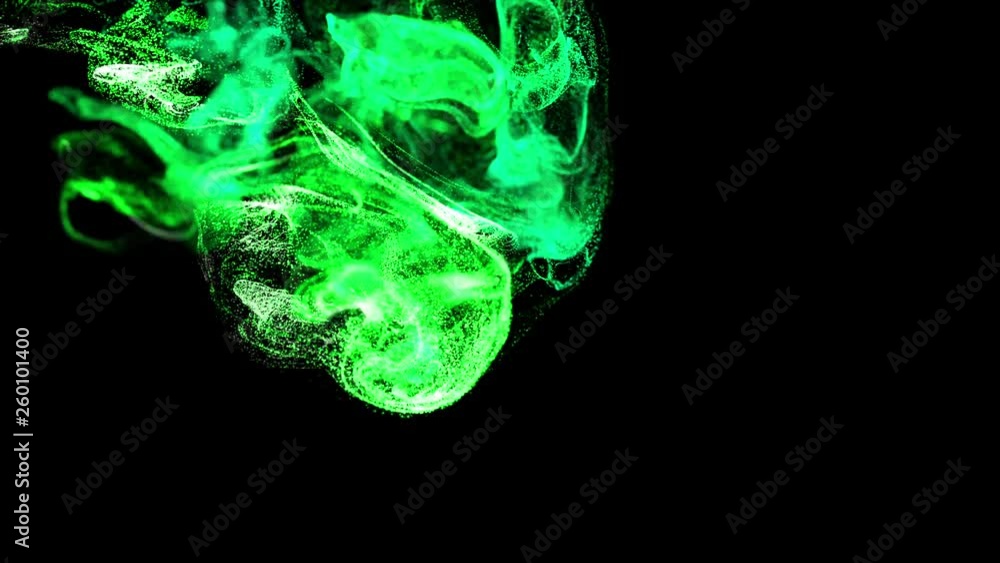 Poster 4k glow particles move in a stream of liquid in front of the camera in slow motion. 3d ink effect fo