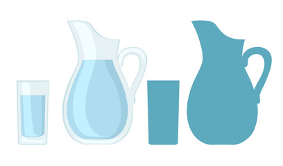 Full glass and jug of water. Flat vector design and blue silhouette. Vector illustration isolated on white background