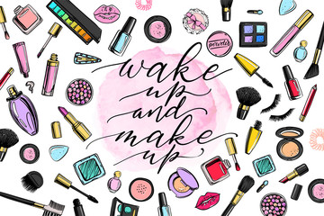 Сosmetics background with copy space for text. Hand drawn decorative cosmetics set