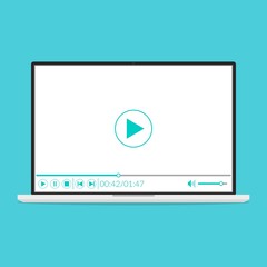 Laptop with video player in minimalistic design on screen. Template design for online video, movies, streaming; web study and learning.