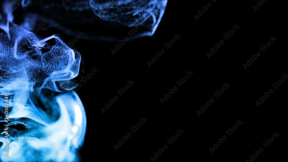Poster 4k glow particles move in a stream of liquid in front of the camera in slow motion. 3d ink effect fo