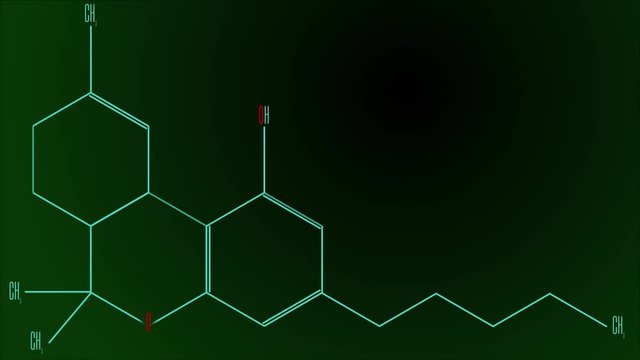 Animation light blue line draws the structural formula of the tetrahydrocannabinol molecule. Black and green gradient background